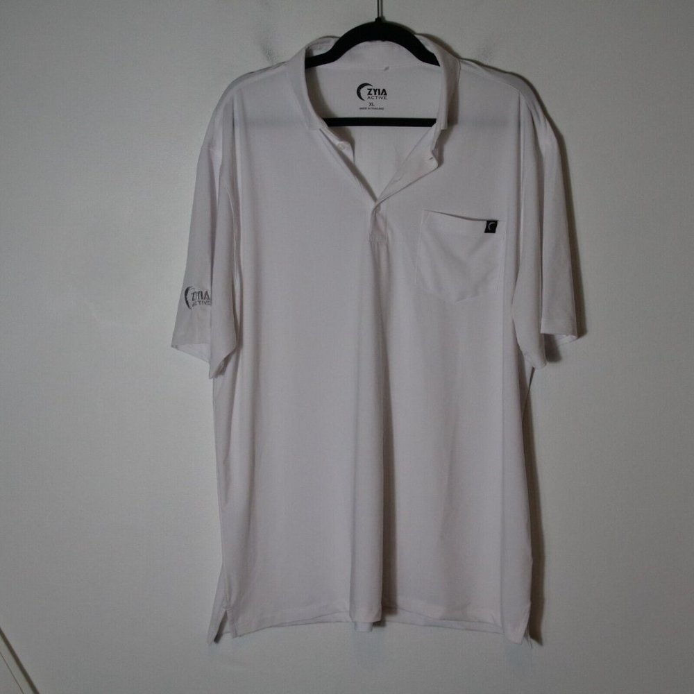 Zyia Active Mens White Performance Polo Shirt Size XL Stretch Short Sleeve slit